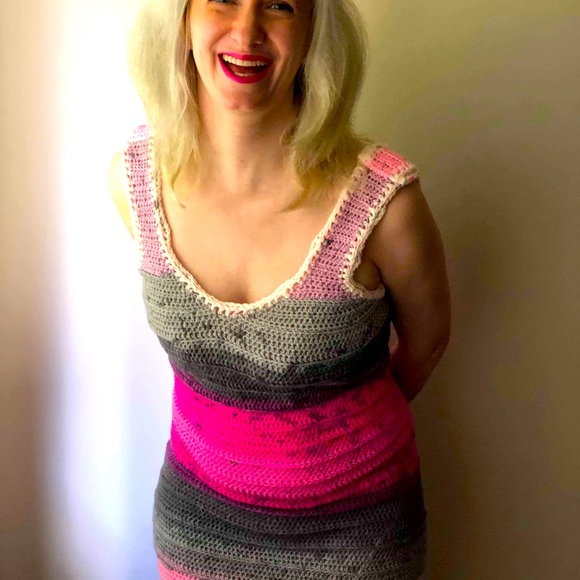 Hand Crafted Dresses & Skirts - Handcrafted Crocheted Magenta, Lavender, and Gray Barbie Core Stretch Dress